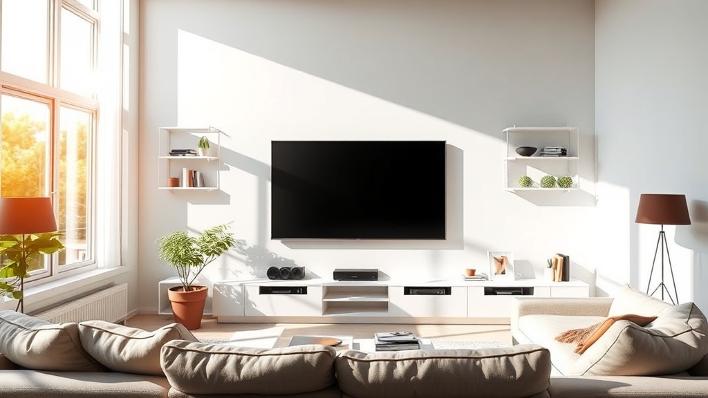 밝은 햇빛이 들어오는 거실에서 여러 각도로 TV 화면을 바라보는 시청 환경